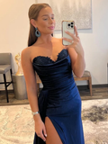 Mermaid Strapless Satin Prom Dress with Slit HZ1023