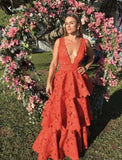 Deep V neck orange A-line long tiered ball gown evening dress HZ1023