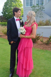 Pink fuchsia fashion elegant tulle flying sleeves shoulder straps long ruffled tulle formal floor-length prom dress evening gown party dress graduation dress HZ1023