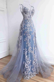 Stunning Dsuty Blue Tulle Long Formal Dress with Appliques HZ1023