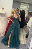 V-Neck Tulle Beading Long Prom Dresses, A-Line Evening Dresses HZ1023