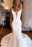 Simple White Mermaid Backless Boho Wedding Dress HZ1023