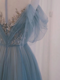 A-Line Scoop Neckline Tulle Gray Blue Long Prom Dress with Sequin HZ1023