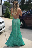 Turquoise Sequin Lace-Up Back Mermaid Long Formal Dress with Slit HZ1023