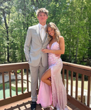 Spaghetti Straps Flower Pink Prom Dress With Slit HZ1023