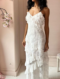 White simple elegant spaghetti strap lace long ball gown multi-layered evening dress HZ1023