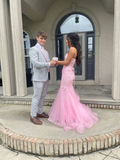 Pink strapless exquisite applique mermaid long tulle ball gown evening dress HZ1023