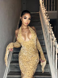 Red Shiny Pretty V Neck Long Bodycon Sexy Sequined Prom Dress Formal Evening Gown Party Dress HZ1023