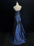 Navy Blue Elegant Exquisite Beaded Sweetheart Neck Sleeveless Mermaid Long Satin Ball Gown Evening Dress HZ1023
