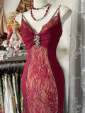 Red retro sexy mermaid spaghetti straps exquisite lace long prom dress evening dress party dress HZ1023