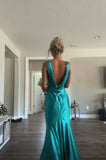 Blue Elegant V Neck Long Satin Ball Gown Evening Dress Wedding Guest Party Dress HZ1023