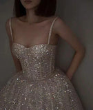 Champagne gorgeous shiny elegant fashion spaghetti strap long sequined prom dress, evening dress, party dress HZ1023