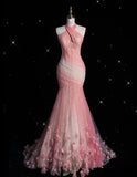 Pink Retro Gorgeous Fashion Floral Strap Long Tulle Floor Length Mermaid Slim Fishtail Skirt Ball Gown Evening Gown Prom Dress HZ1023