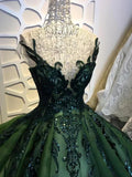 Green retro fashion shiny off-shoulder long sequined tulle prom dress evening dress sweet 16 years old dress graduation dress adult ceremony dress HZ1023