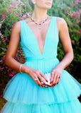Blue fashion V-neck elegant A-line long floor-length tulle ball gown evening dress wedding guest party dress HZ1023