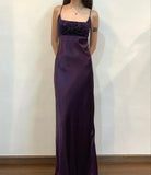Purple Vintage Elegant Floral Spaghetti Strap Long Satin Ball Gown Evening Dress Birthday Party Dress Prom Dress HZ1023