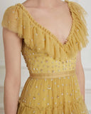 Yellow fashion unique ruffled V neck long floor length tulle ball gown evening dress HZ1023