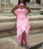 Pink Elegant Fashion Sweetheart Neckline Exquisite Beading Long satin lace Ruffled Ball Gown Evening Dress Party Dress HZ1023