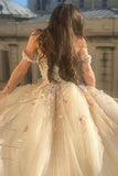 Champagne color gorgeous off shoulder exquisite lace floral applique long elegant ball gown formal evening dress prom dress HZ1023