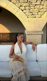 White V-neck tulle lace long elegant sexy ball gown evening dress party dress HZ1023