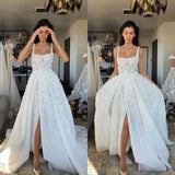 White fantasy square neck slit lace applique long tulle backless bridal gown wedding dress HZ1023