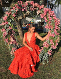 Deep V neck orange A-line long tiered ball gown evening dress HZ1023