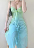 Blue Green Fashion Gradient Spaghetti Strap Short Midi Chiffon Ball Gown Evening Dress Birthday Holiday Party Dress Prom Dress Homecoming Dress HZ1023