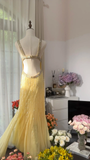 Light Yellow Gorgeous Shiny Fashion Elegant Exquisite Beaded Long Tulle Backless Fairy Ball Gown Evening Dress Birthday/Wedding Guest/Holiday Party Dress Prom Dress Valentine's Day Date Dress HZ1023