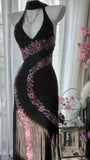 Black Shiny Vintage Elegant Romantic Delicate Pink Floral Beading Long Chiffon Homecoming Ball Gown Evening Dress Birthday/Wedding Guest/Holiday Party Dress Prom Dress HZ1023