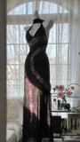 Black Shiny Vintage Elegant Romantic Delicate Pink Floral Beading Long Chiffon Homecoming Ball Gown Evening Dress Birthday/Wedding Guest/Holiday Party Dress Prom Dress HZ1023