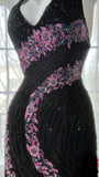 Black Shiny Vintage Elegant Romantic Delicate Pink Floral Beading Long Chiffon Homecoming Ball Gown Evening Dress Birthday/Wedding Guest/Holiday Party Dress Prom Dress HZ1023