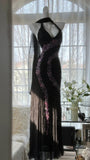 Black Shiny Vintage Elegant Romantic Delicate Pink Floral Beading Long Chiffon Homecoming Ball Gown Evening Dress Birthday/Wedding Guest/Holiday Party Dress Prom Dress HZ1023