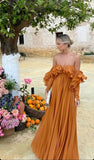 Yellow Brown Elegant Solid Color Fashion Off Shoulder Chic Ruffle Long Evening Dress Party Dress Wedding Guest Dress HZ1023