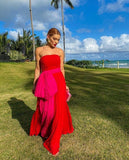 Red unique fashion tube top pink contrast long tulle ball gown evening dress HZ1023