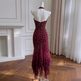 Burgundy Embellished Halter Neck Mermaid Maxi Dress with Asymmetrical Ruffle Hem