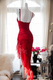 Red Fashion Elegant Delicate Floral Beaded Spaghetti Strap Midi Ruffle Mermaid Slim Fit Lace Chiffon Ball Gown Birthday Party Dress Evening Gown Prom Dress HZ1023