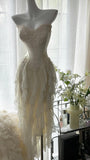 Ivory White Romantic Elegant Exquisite Beaded Backless Long Chiffon Ruffle Homecoming Dress Prom Dress Evening Dress Birthday Holiday Party Dress HZ1023