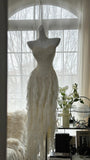 Ivory White Romantic Elegant Exquisite Beaded Backless Long Chiffon Ruffle Homecoming Dress Prom Dress Evening Dress Birthday Holiday Party Dress HZ1023
