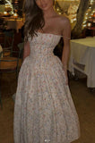 White floral sweet cute elegant long chiffon tube top homecoming dress wedding guest dress birthday party dress HZ1023