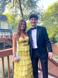 Yellow stylish elegant spaghetti straps long satin tiered ball gown formal evening dress party dress HZ1023