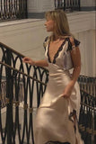 Champagne V-neck black lace long elegant satin ball gown evening dress wedding guest dress HZ1023