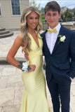 Yellow Fashion Elegant V-neck Long Mermaid Satin Slim-fit Fishtail Ball Gown Evening Dress HZ1023