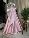 Pink Delicate Sweet Transparent Strap Applique Floral Long Satin Formal Prom Dress Evening Gown HZ1023