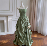 Vintage-Inspired Sage Green Ruched Gown with Layered Bustle Skirt Sage Green Spaghetti Strap Evening Dress