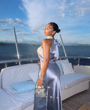 Silver solid color sling elegant simple long evening dress party dress HZ1023