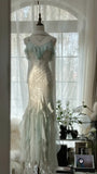 Green white gorgeous beautiful charming spaghetti straps beaded ruffles mermaid long slim lace tulle ball gown fashion evening dress party dress prom dress HZ1023