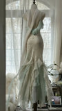 Green white gorgeous beautiful charming spaghetti straps beaded ruffles mermaid long slim lace tulle ball gown fashion evening dress party dress prom dress HZ1023