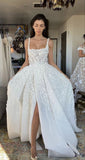 White fantasy square neck slit lace applique long tulle backless bridal gown wedding dress HZ1023
