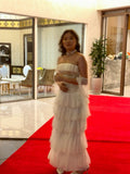 White Vintage Fashion A-line Off-shoulder Long Chiffon tulle Tiered Ruffle Ball Gown Evening Dress Party Dress Prom Dress HZ1023