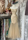 Champagne Gold Exquisite Lace Elegant Tube Long Fishtail Mermaid Slim Ball Gown Evening Gown Party Dress HZ1023